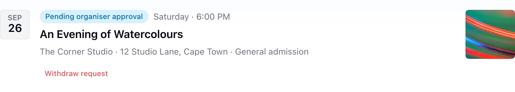 A pending workshop booking in My Tickets with an approval status and Withdraw request action.