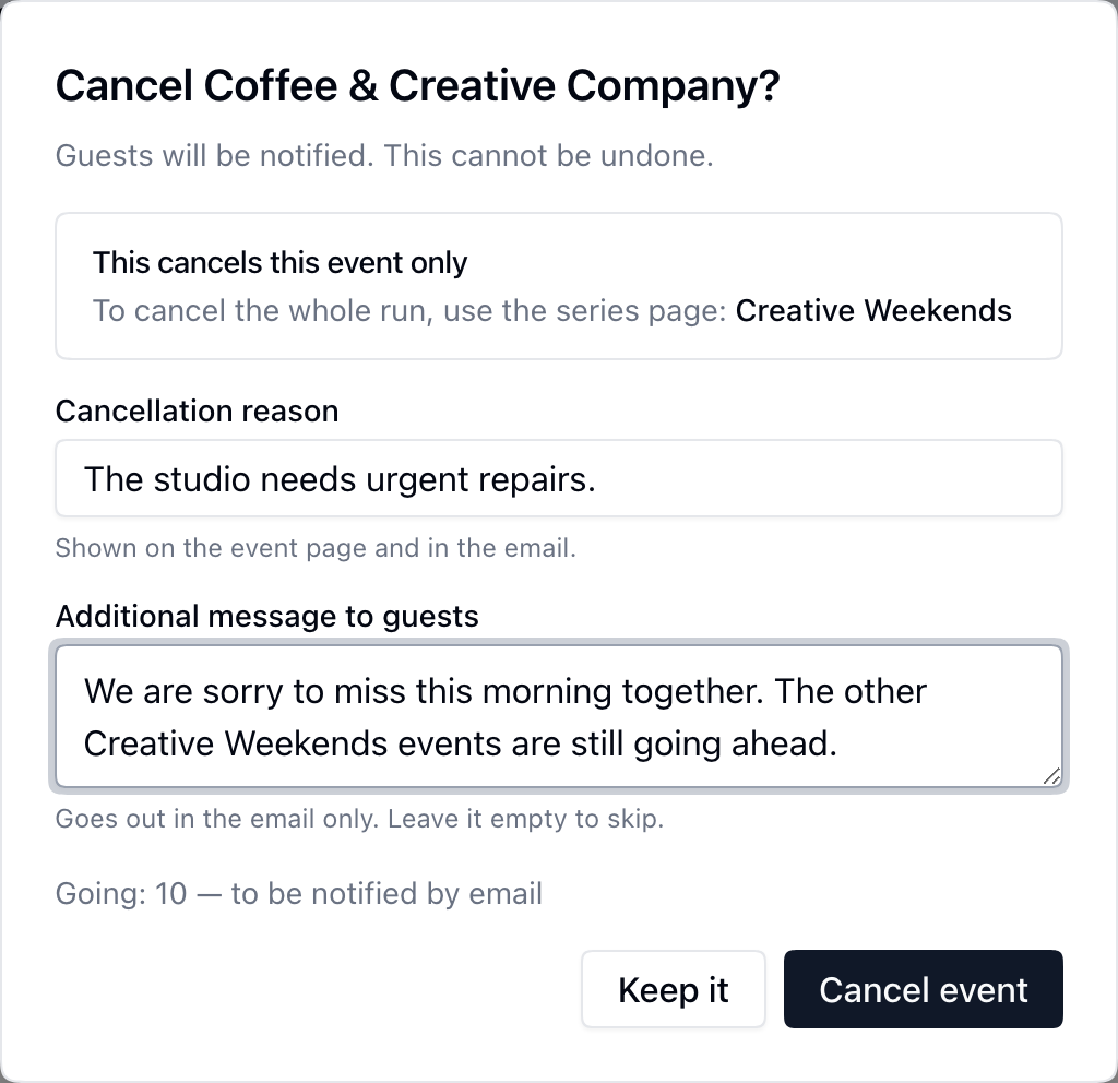 Event cancellation dialog showing the reason, message, affected guests and notice that only this series event is cancelled.