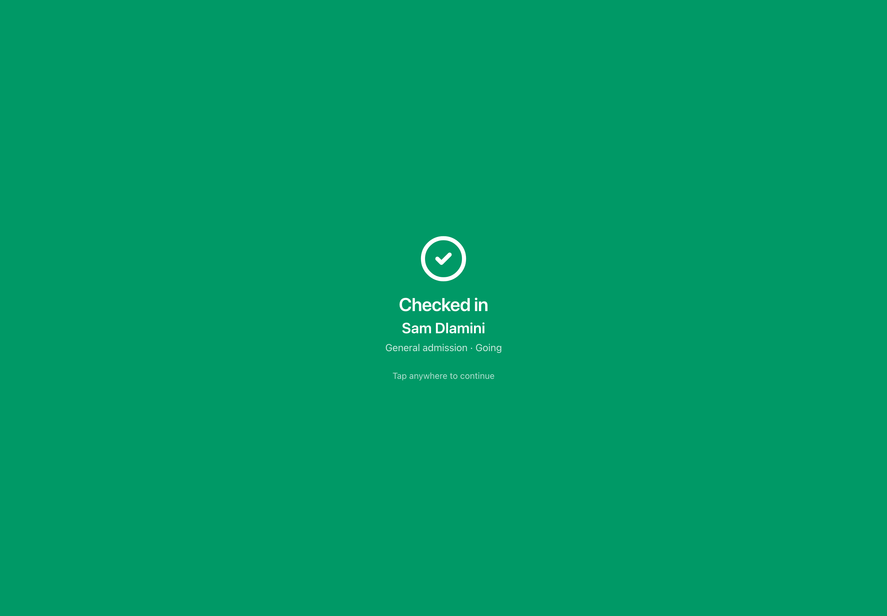 The green Checked in screen with the guest name and ticket type.