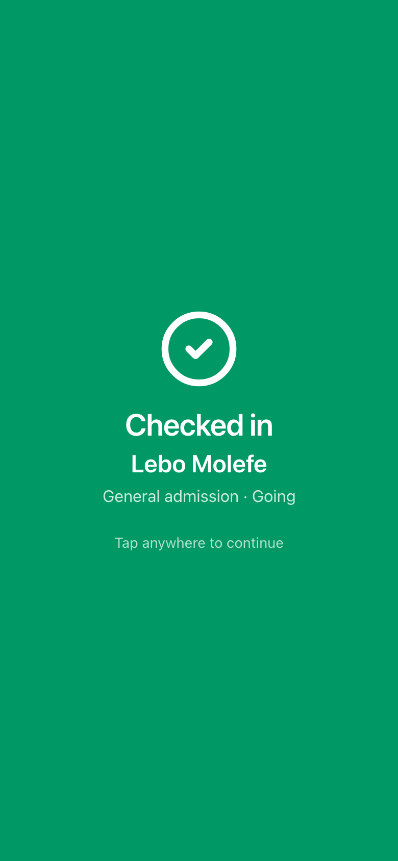 The green Checked in screen with the guest name and ticket type.