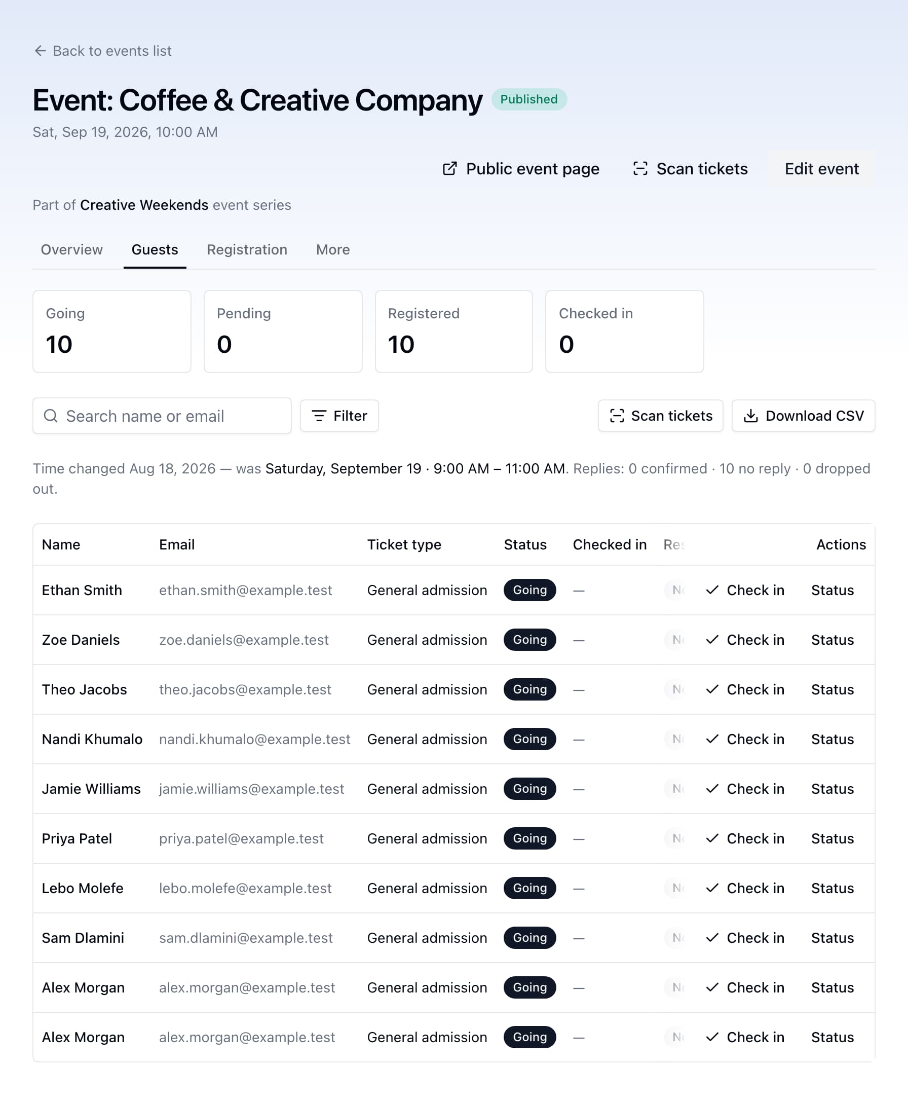 An event guest list with attendance totals, search, filters and individual guest rows.