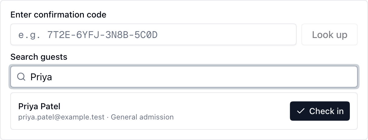 Scanner search results for Priya Patel with the ticket type and a Check in button.