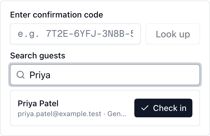 Scanner search results for Priya Patel with the ticket type and a Check in button.