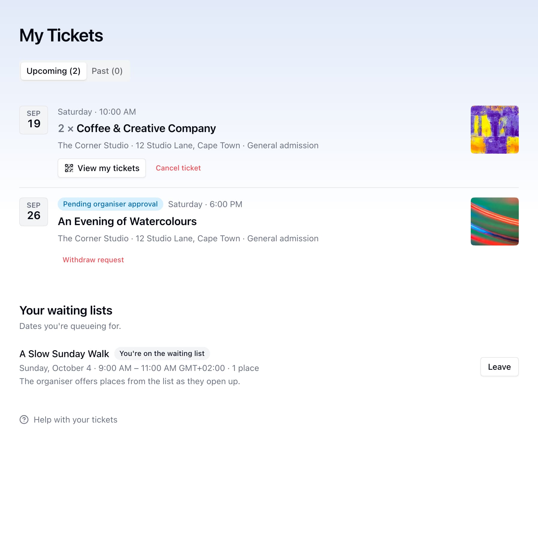 My Tickets showing an upcoming group booking, an approval request and a waiting-list place.
