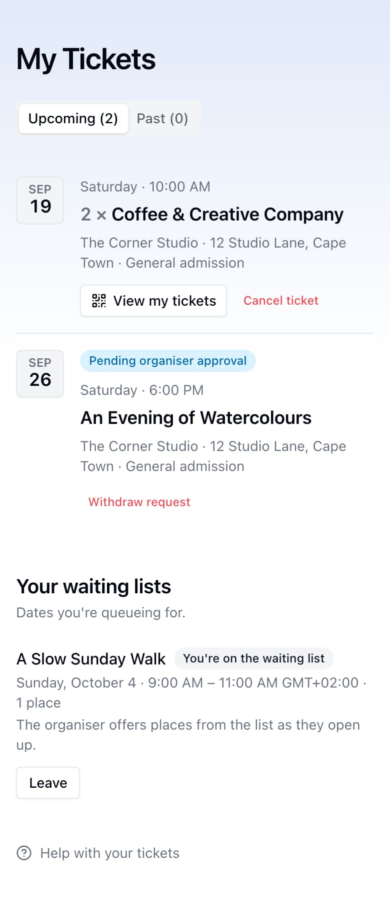 My Tickets showing an upcoming group booking, an approval request and a waiting-list place.