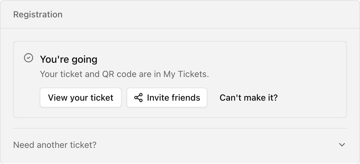 Registration panel confirming that the guest is going, with View your ticket and Invite friends actions.
