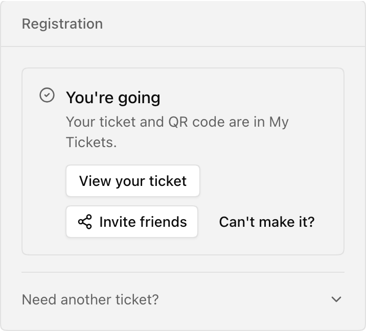 Registration panel confirming that the guest is going, with View your ticket and Invite friends actions.