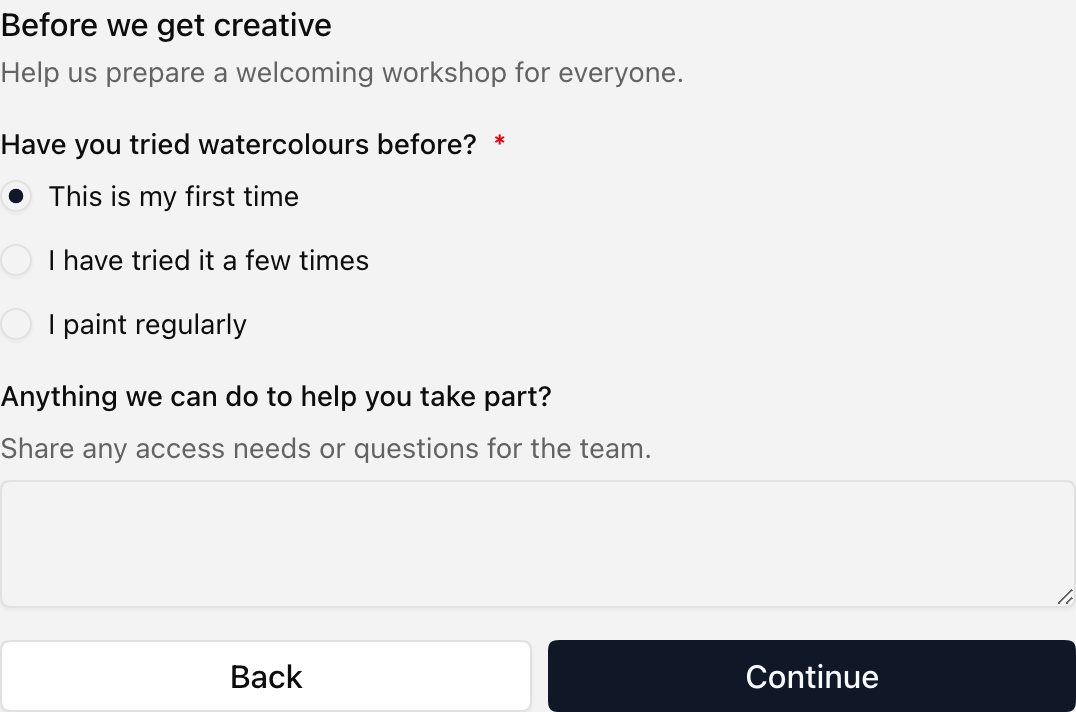 A registration form asking about painting experience and access needs before the booking is completed.