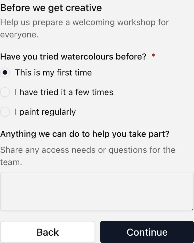 A registration form asking about painting experience and access needs before the booking is completed.