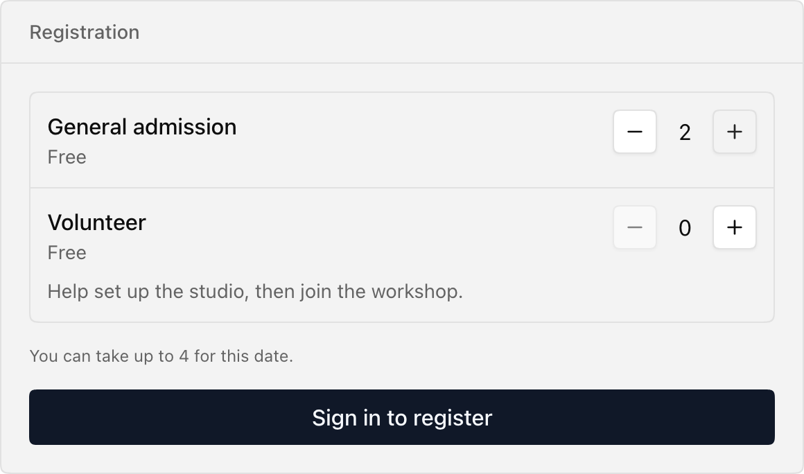 Registration panel with General admission and Volunteer tickets sharing a four-ticket customer limit.