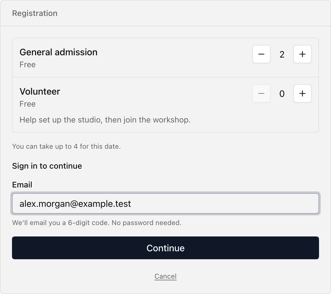 The selected tickets stay visible above the email sign-in field and Continue button.