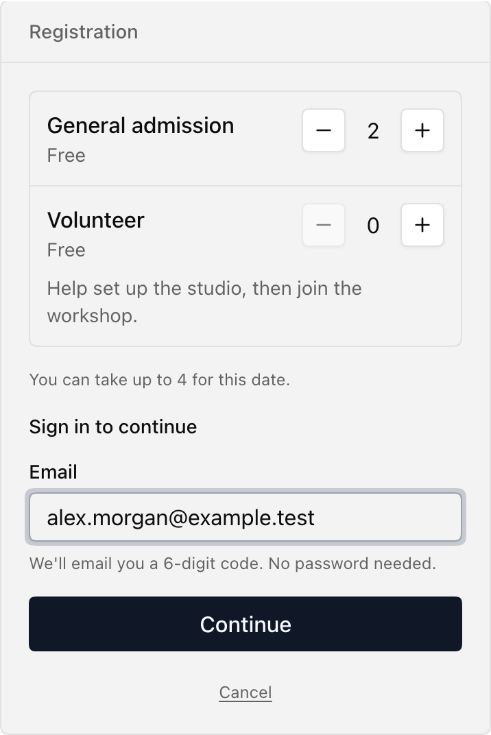 The selected tickets stay visible above the email sign-in field and Continue button.
