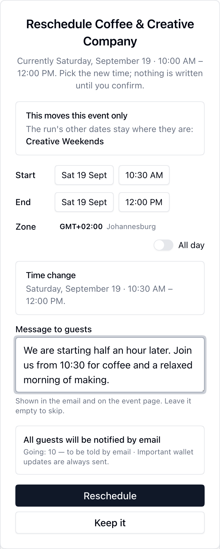 The reschedule dialog showing a changed start time, a message to guests and who will be notified.