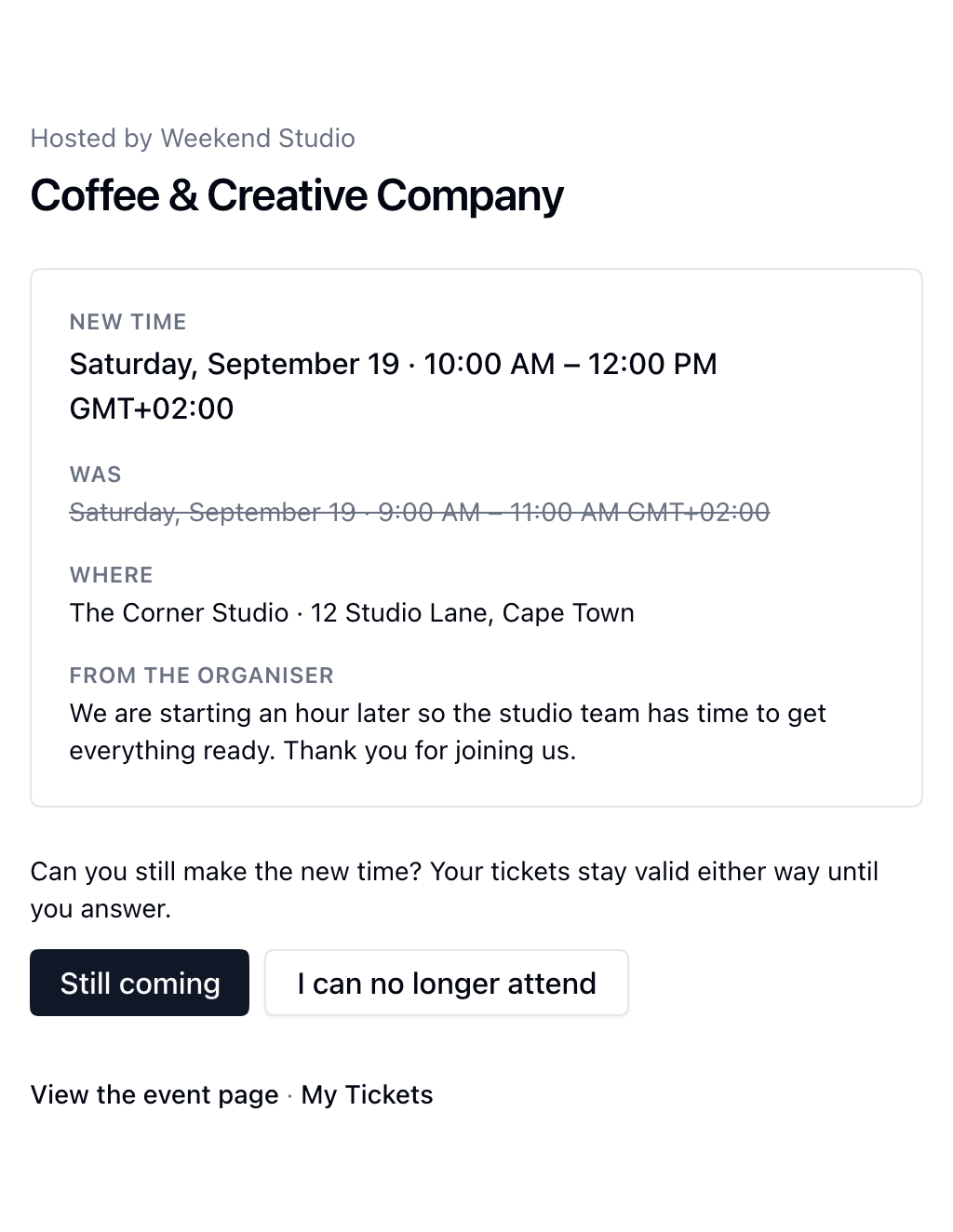 Reschedule reply page with the old and new times, the host’s note, and attendance reply buttons.
