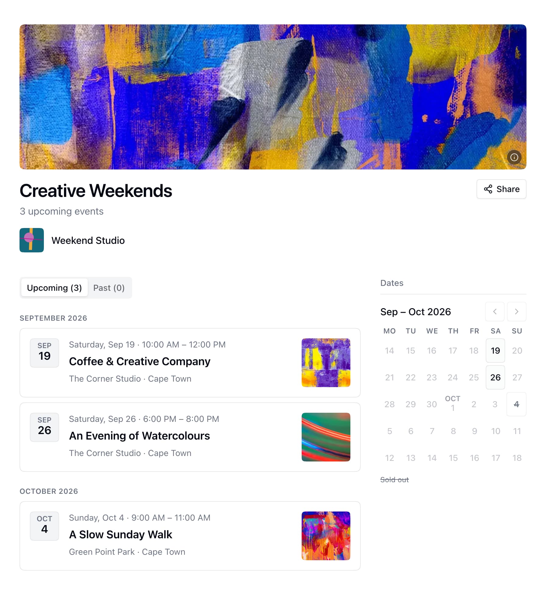 Creative Weekends series showing three upcoming events on separate dates.