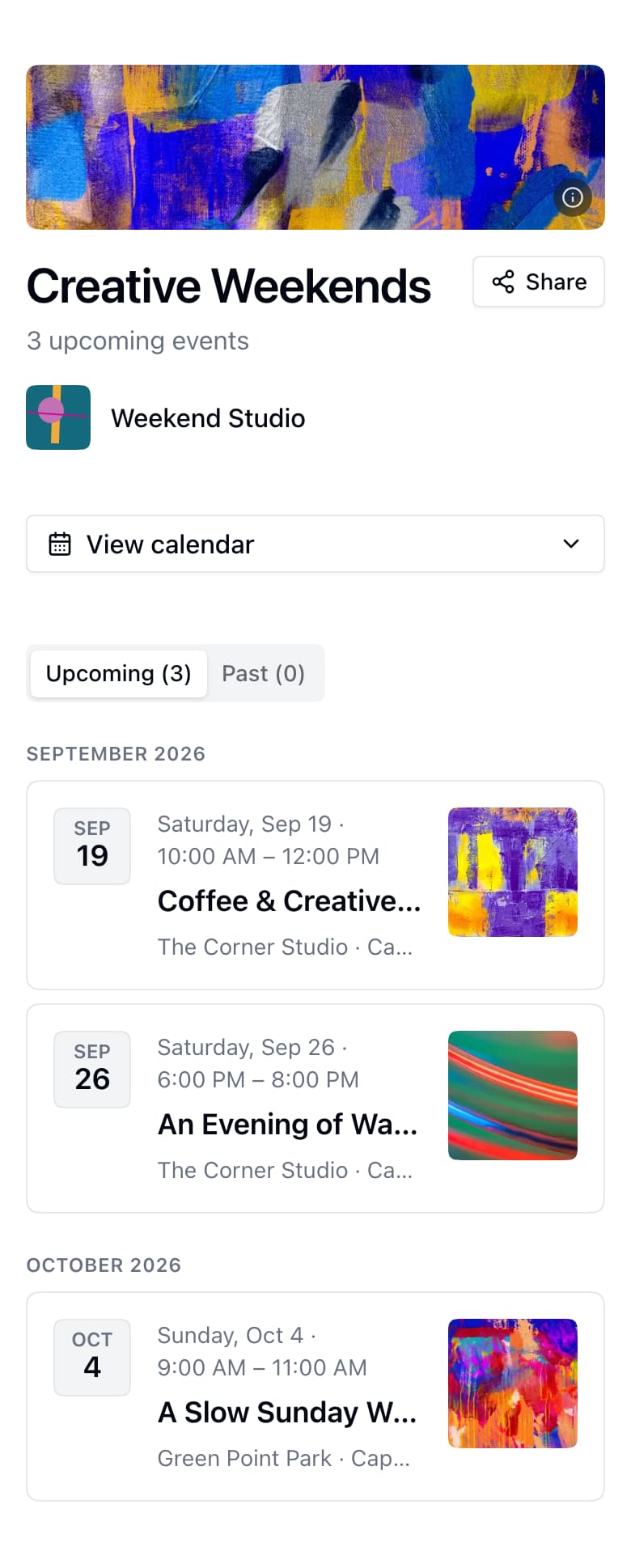 Creative Weekends series showing three upcoming events on separate dates.