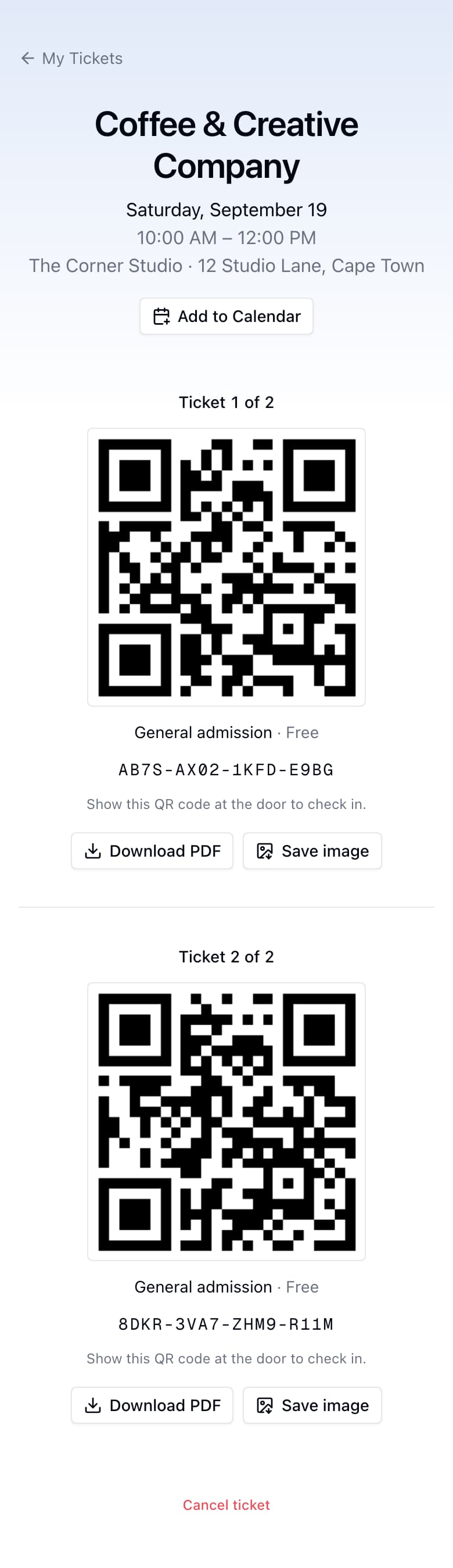 A two-seat booking with a separate QR code and download actions for each ticket.