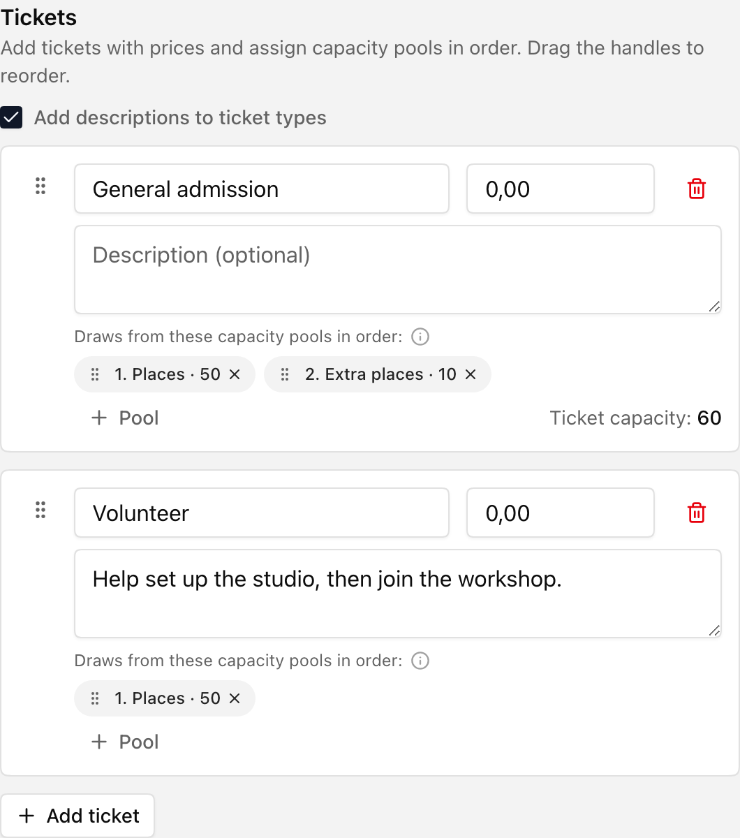 General admission listing Places then Extra places as its capacity pools, and Volunteer listing Places only.