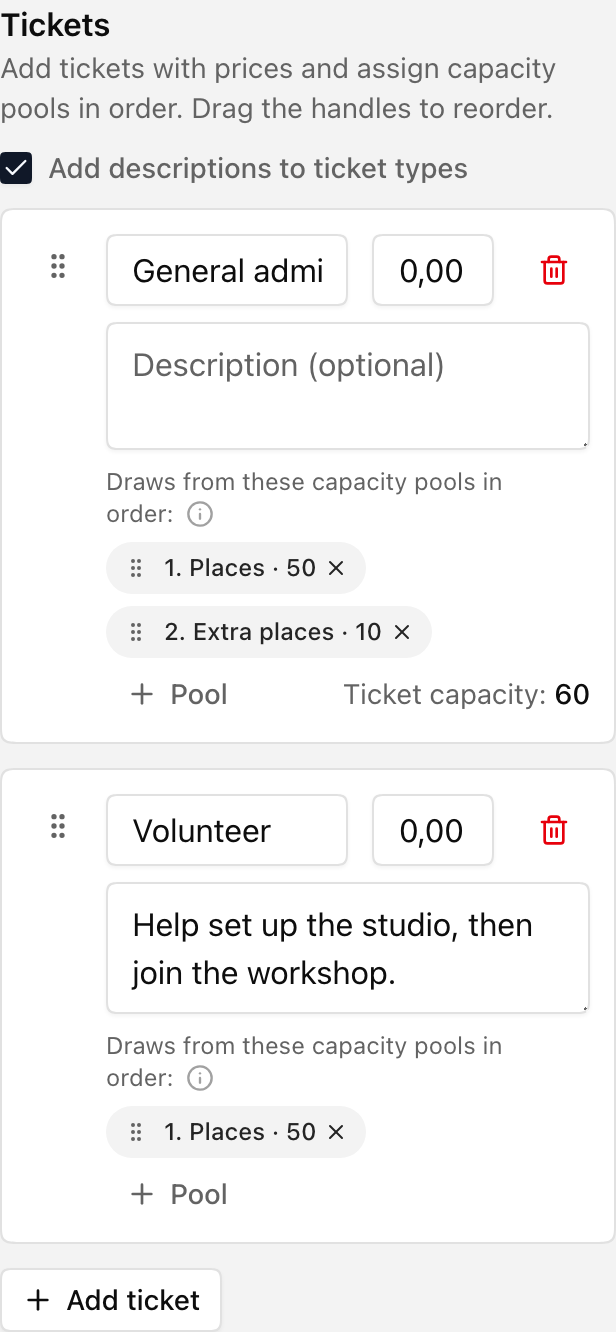 General admission listing Places then Extra places as its capacity pools, and Volunteer listing Places only.