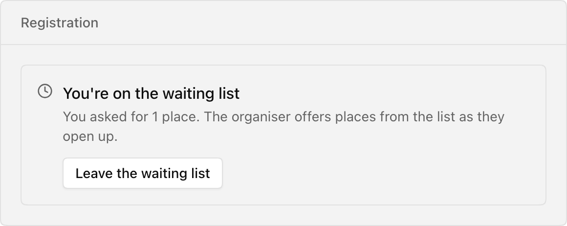 Registration panel showing a waiting-list entry and the option to leave the waiting list.